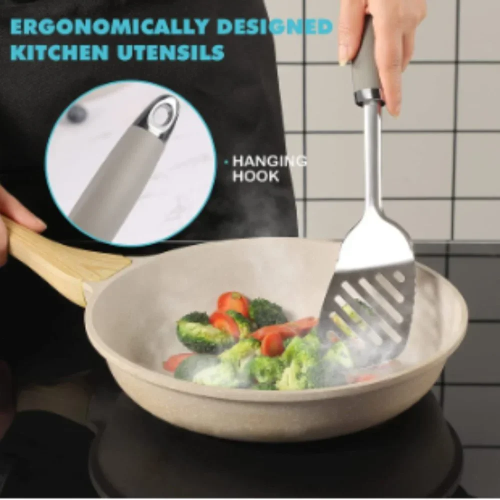 6 pc - Stainless Steel Kitchen Utensils w/ Holder / Non-Stick Silicone Handles